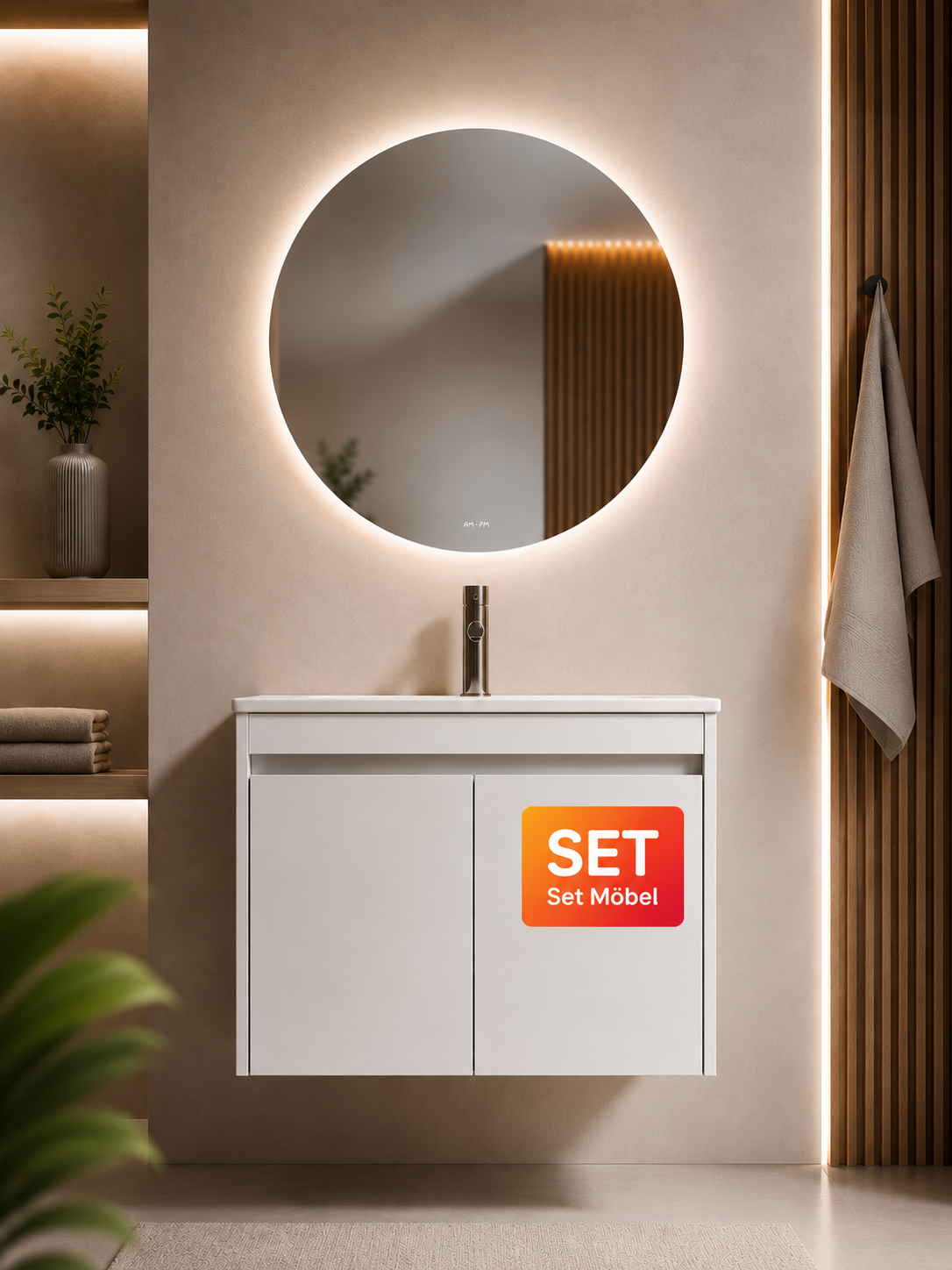 Badmöbel-Set mit Waschbecken und rundem LED-Badspiegel, 80 cm, 2 Türen, Weiß glänzend – MPA0801WGCMO4