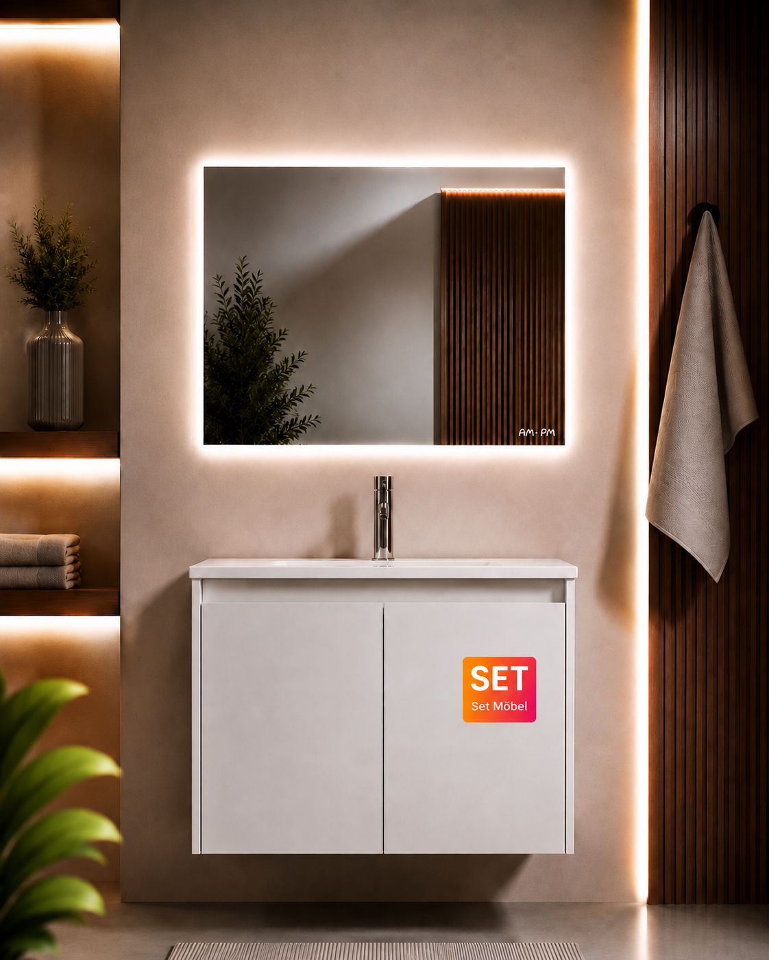 Badmöbel-Set mit Waschbecken und LED-Badspiegel, 80 cm, 2 Türen, Weiß glänzend – MPA0801WGCMO1