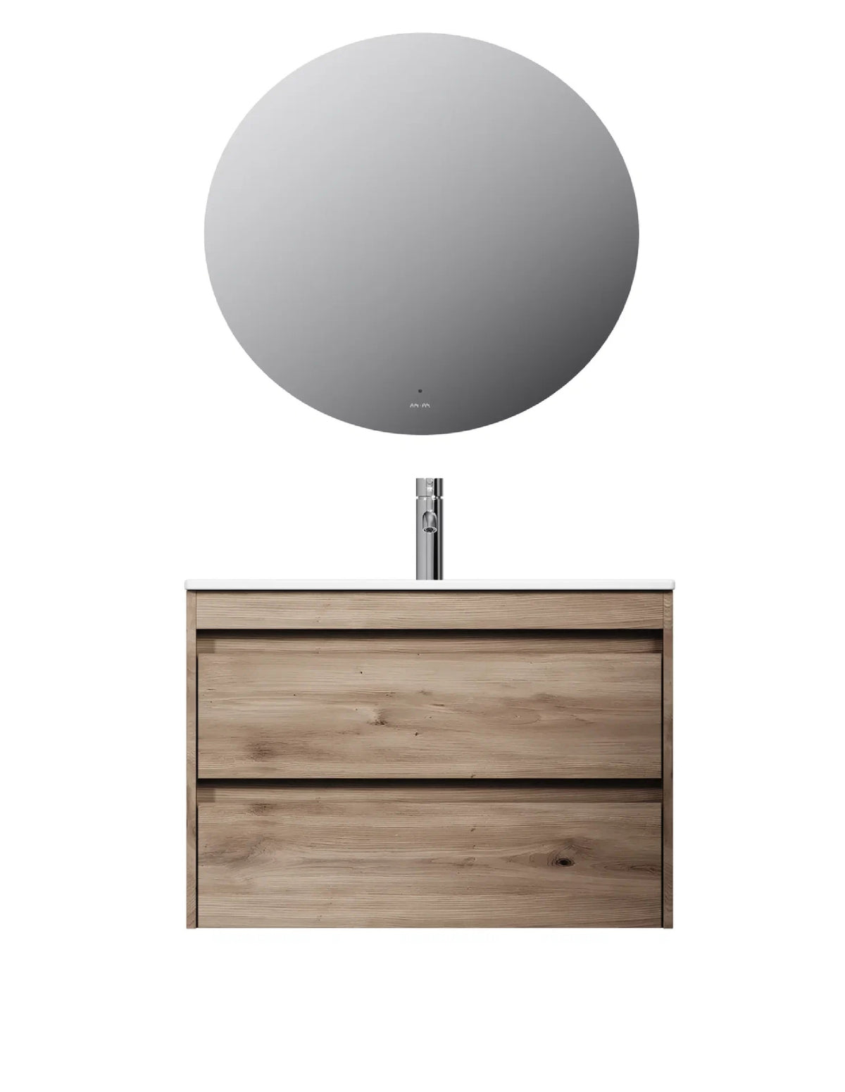 Badmöbel-Set mit Waschbecken und rundem LED-Badspiegel, 80 cm, 2 Schubladen, Eiche – MPA0802HFCMO4