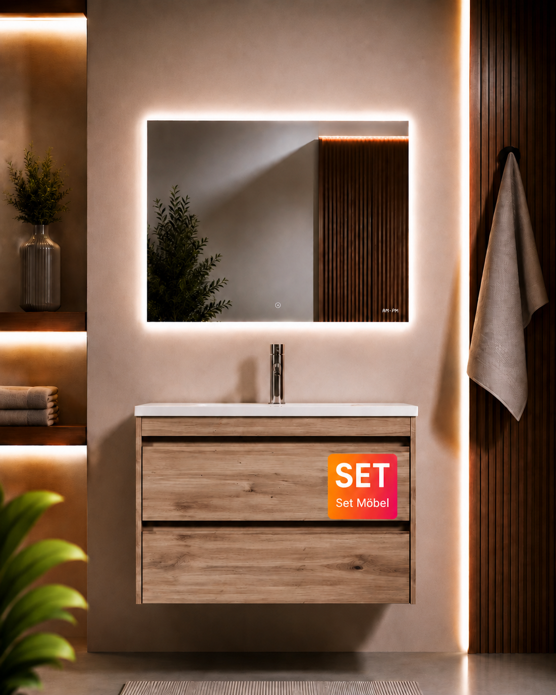 Badmöbel-Set mit Waschbecken und LED-Badspiegel, 80 cm, 2 Schubladen, Eiche – MPA0802HFCMO1