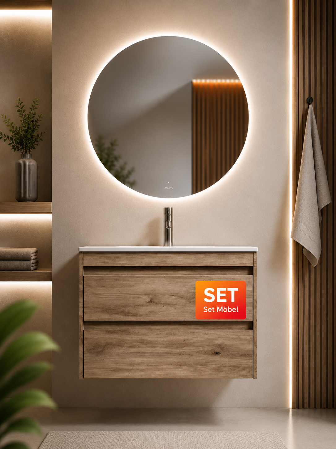 Badmöbel-Set mit Waschbecken und rundem LED-Badspiegel, 80 cm, 2 Schubladen, Eiche – MPA0802HFCMO4
