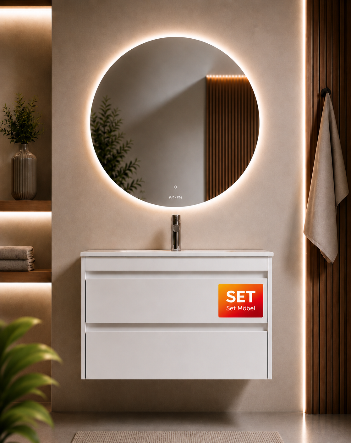 Badmöbel-Set mit Waschbecken und rundem LED-Badspiegel, 80 cm, 2 Schubladen, Weiß glänzend – MPA0802WGCMO4