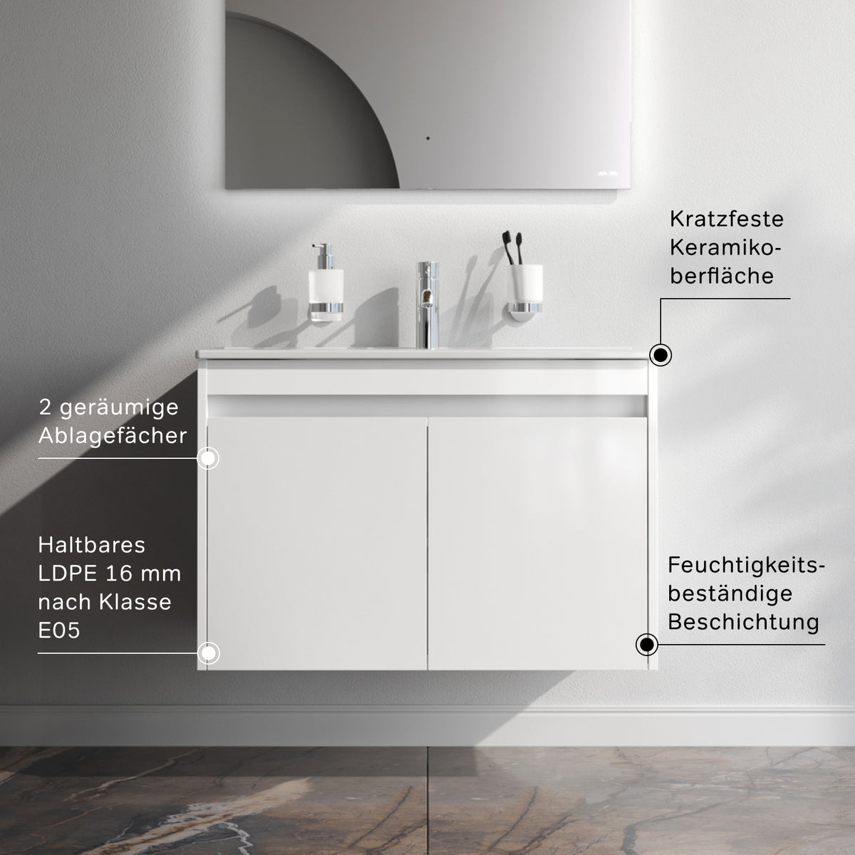 Meuble vasque avec lavabo, 80 cm, livré à plat, 2 portes, blanc brillant–MPAX0801WG-C0802WG