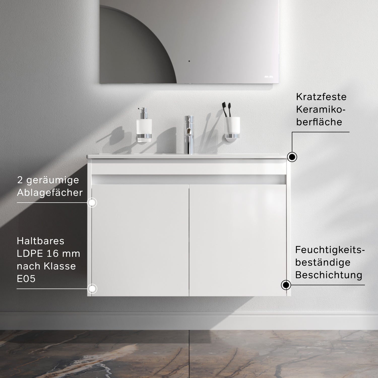 MPAX0801WG-C0802WG Waschtischunterschrank mit Waschbecken, als Flachpaket geliefert, 80 cm, 2 Türen, Weiß glänzend