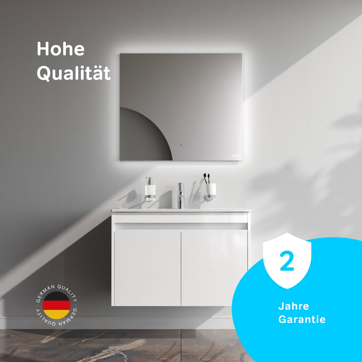 MPAX0801WG-C0802WG Waschtischunterschrank mit Waschbecken, als Flachpaket geliefert, 80 cm, 2 Türen, Weiß glänzend