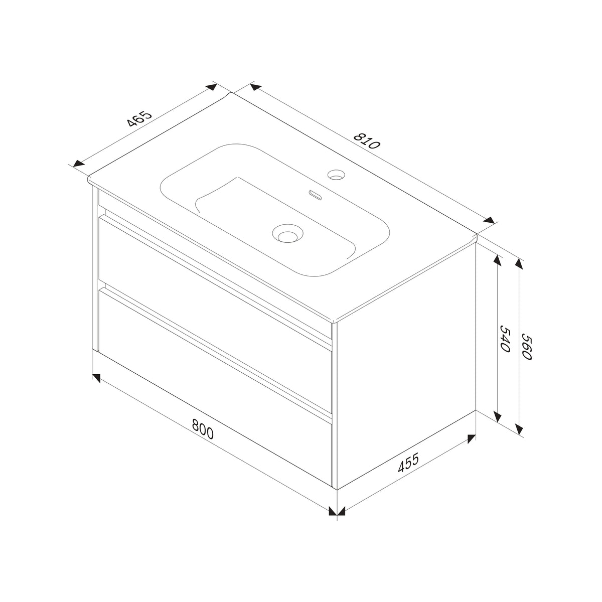 Meuble vasque avec lavabo, 80 cm, livré à plat, 2 tiroirs, chêne–MPAX0802HF-C0802WG