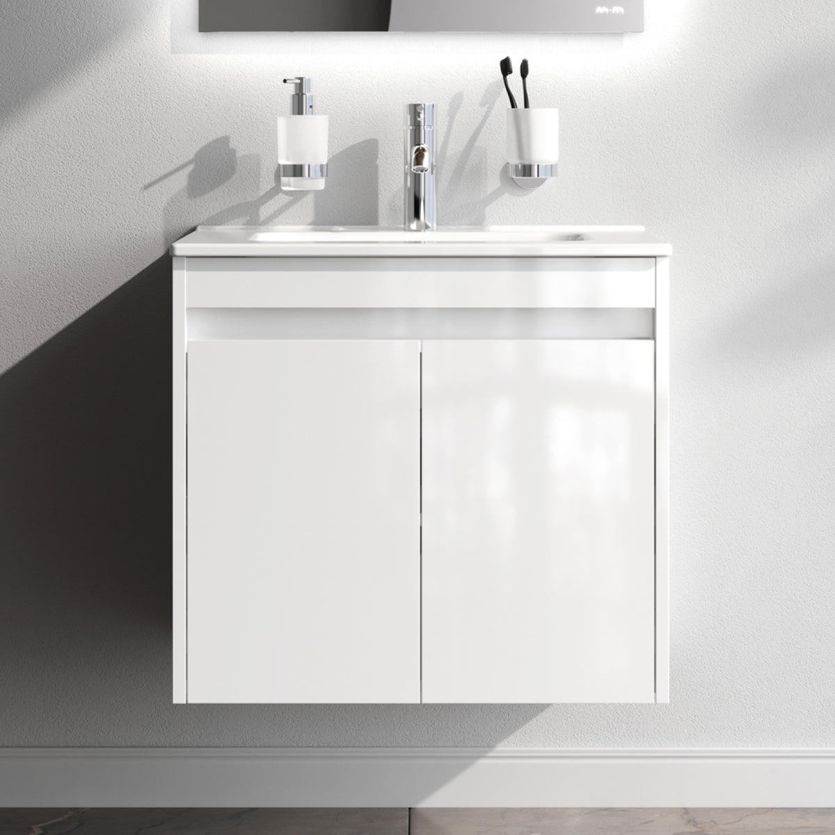 Meuble vasque avec lavabo, 60 cm, livré à plat, 2 portes, blanc brillant–MPAX0601WG-C0602WG