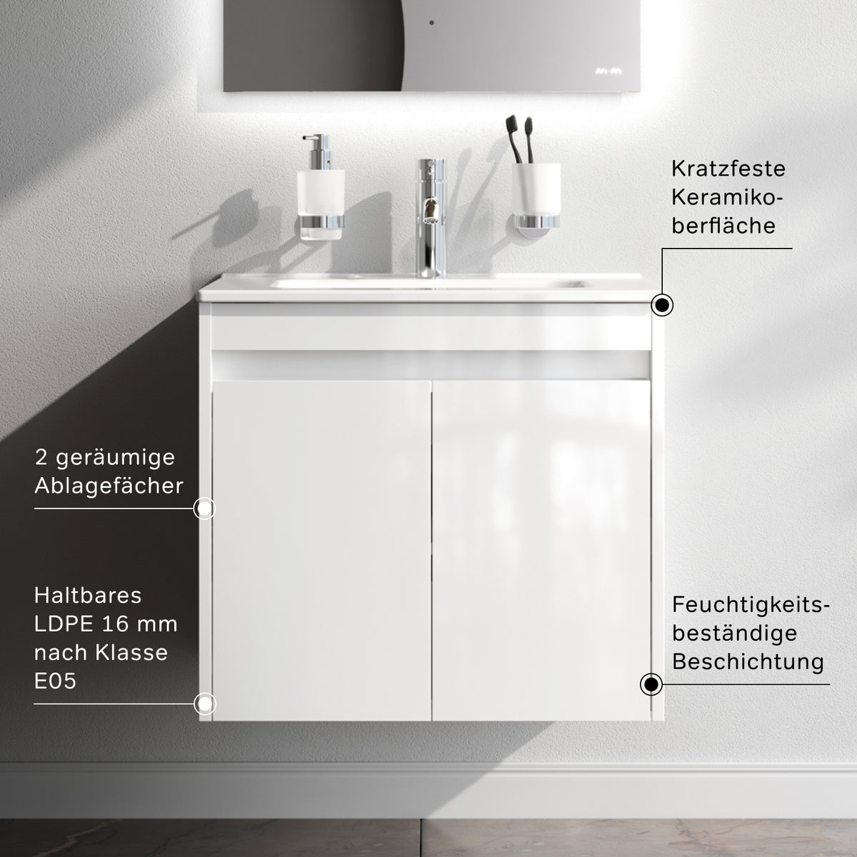 Meuble vasque avec lavabo, 60 cm, livré à plat, 2 portes, blanc brillant–MPAX0601WG-C0602WG