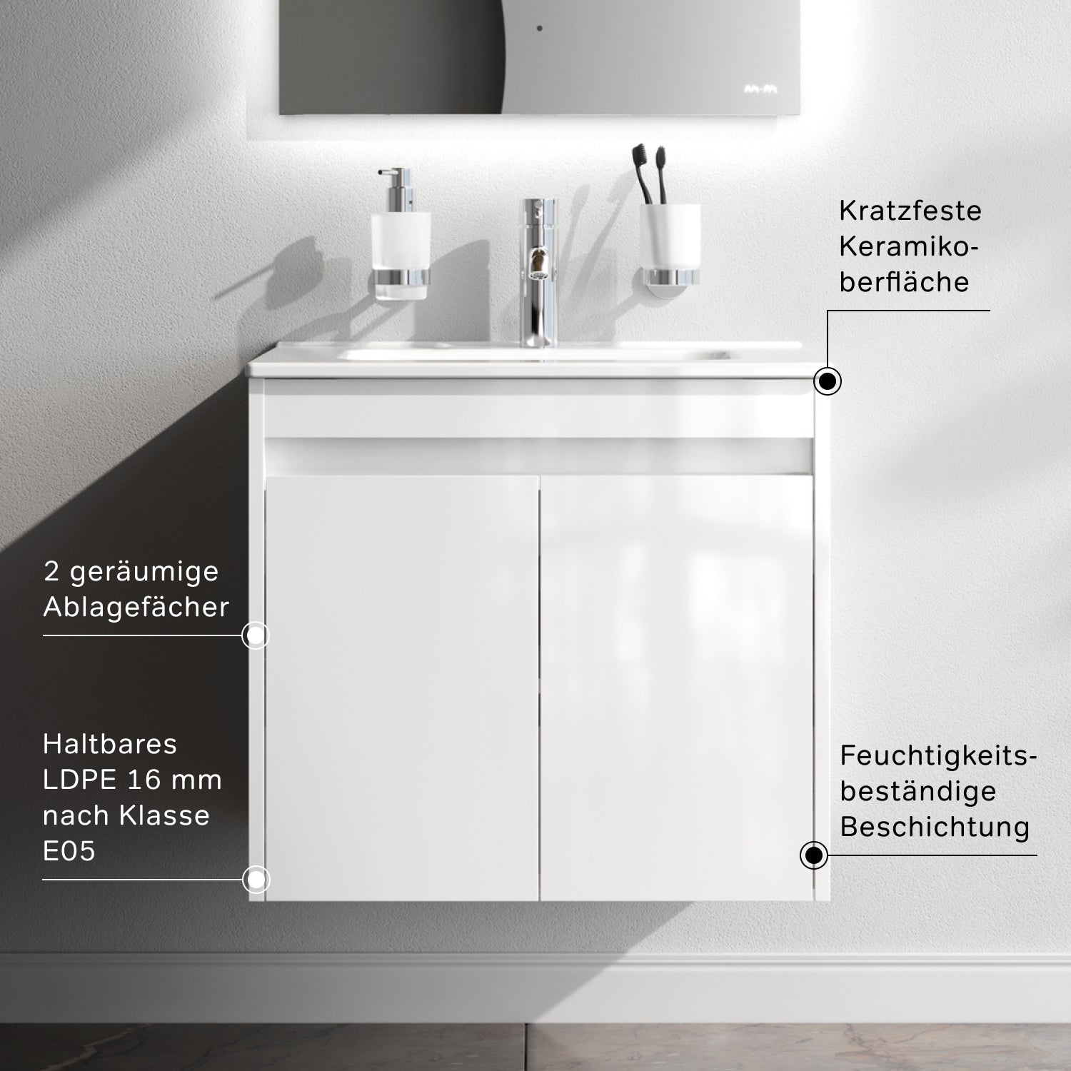 Meuble vasque MPAX0601WG-C0602WG avec lavabo, livré à plat, 60 cm, 2 portes, blanc brillant