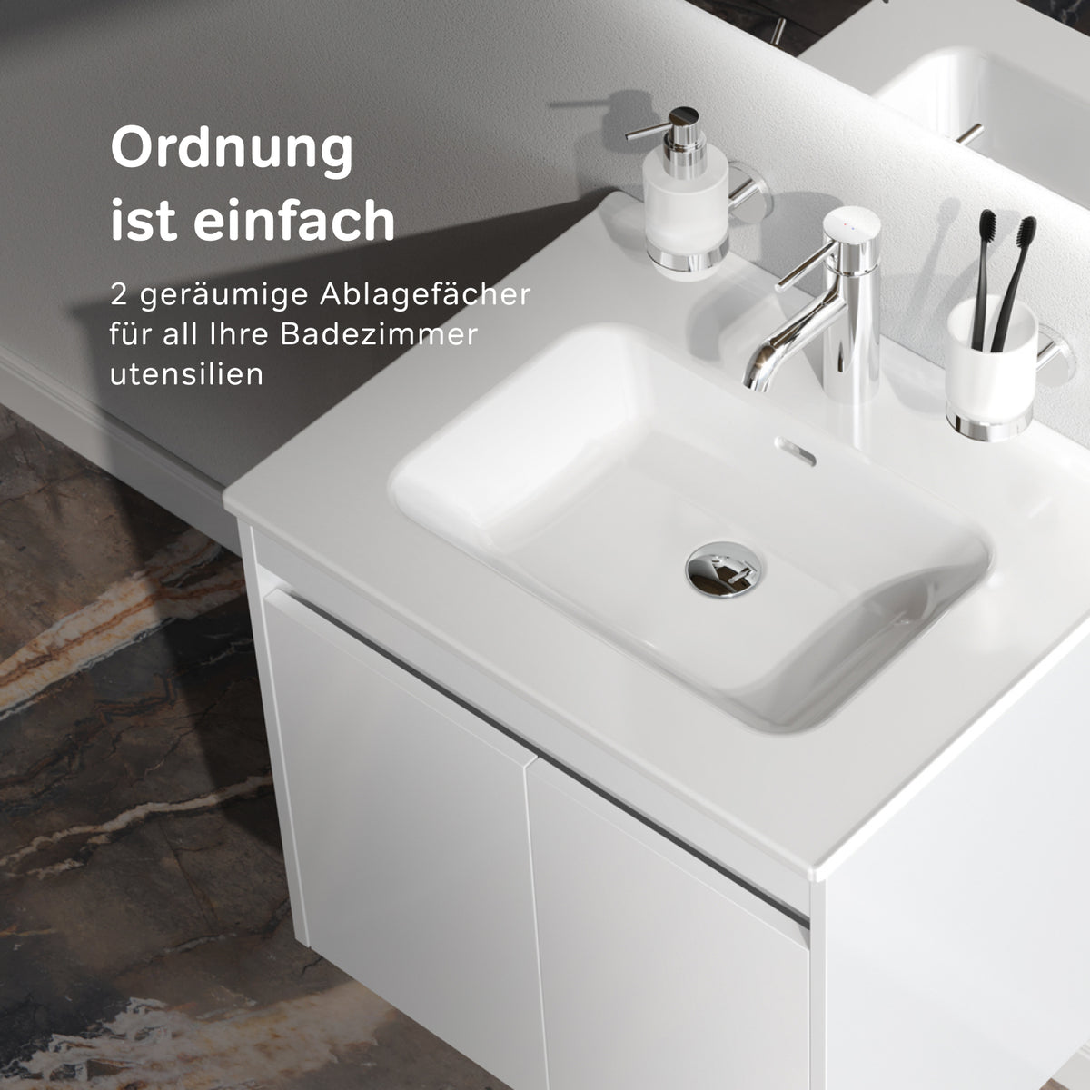 Meuble vasque avec lavabo, 60 cm, livré à plat, 2 portes, blanc brillant–MPAX0601WG-C0602WG