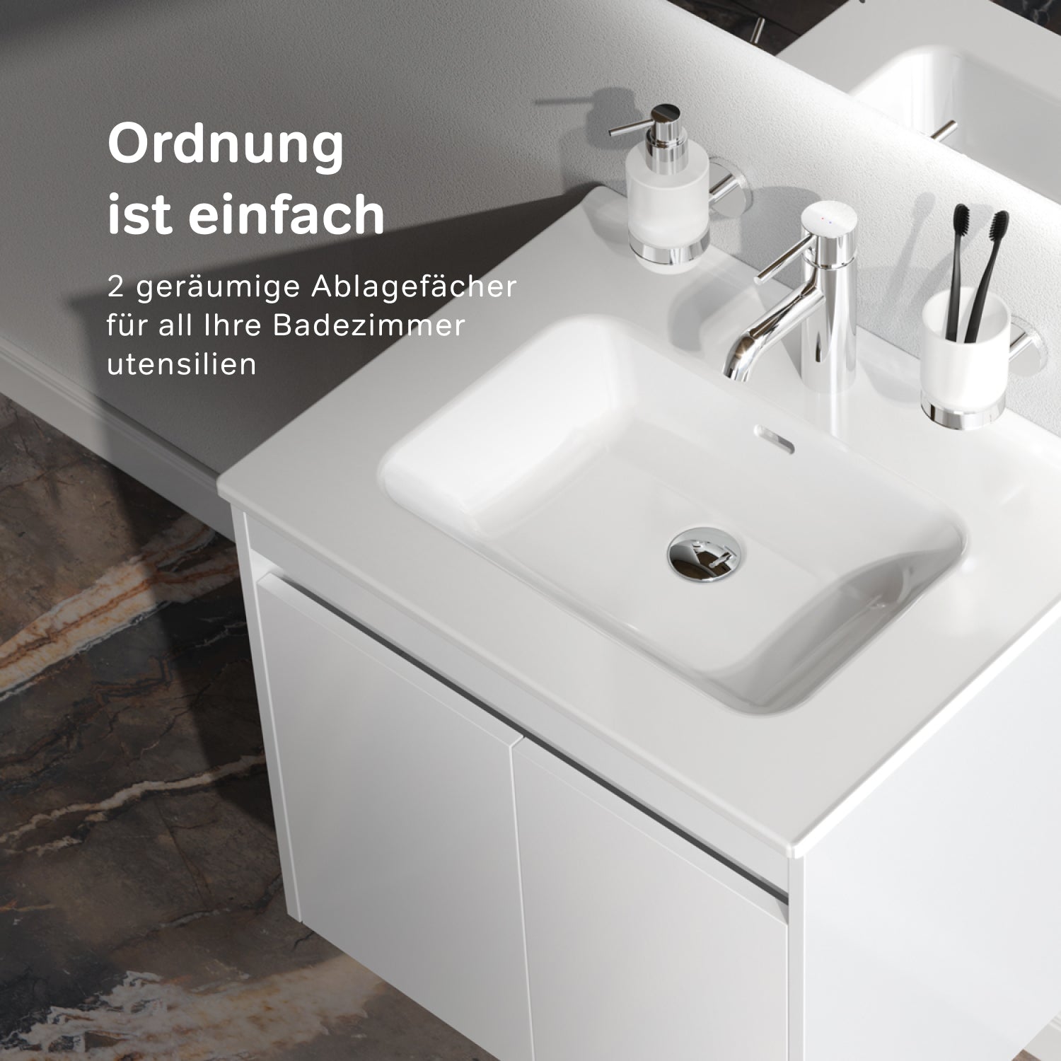 Meuble vasque MPAX0601WG-C0602WG avec lavabo, livré à plat, 60 cm, 2 portes, blanc brillant