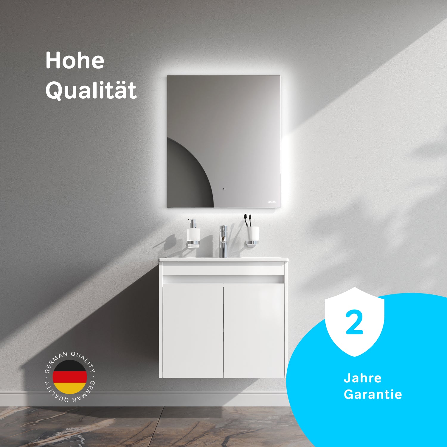 Meuble vasque MPAX0601WG-C0602WG avec lavabo, livré à plat, 60 cm, 2 portes, blanc brillant