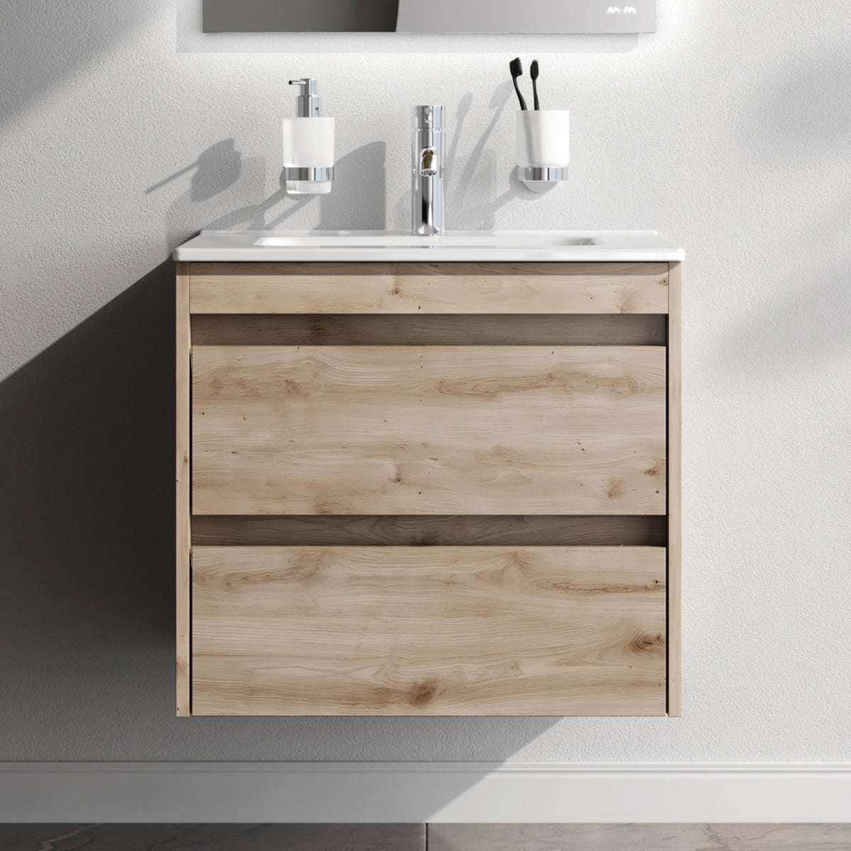 Meuble vasque avec lavabo, 60 cm, livré à plat, 2 tiroirs, chêne–MPAX0602HF-C0602WG