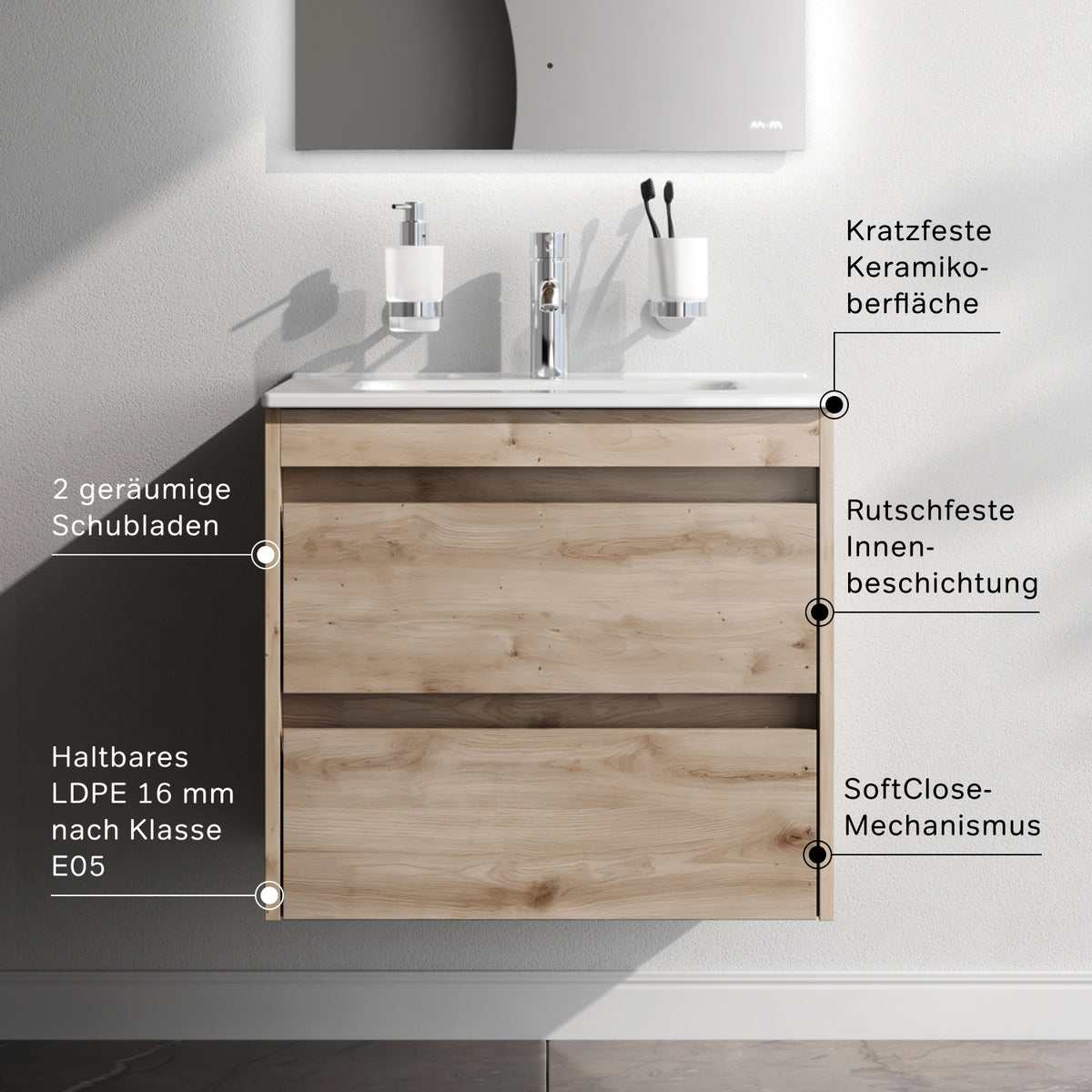 Meuble vasque avec lavabo, 60 cm, livré à plat, 2 tiroirs, chêne–MPAX0602HF-C0602WG