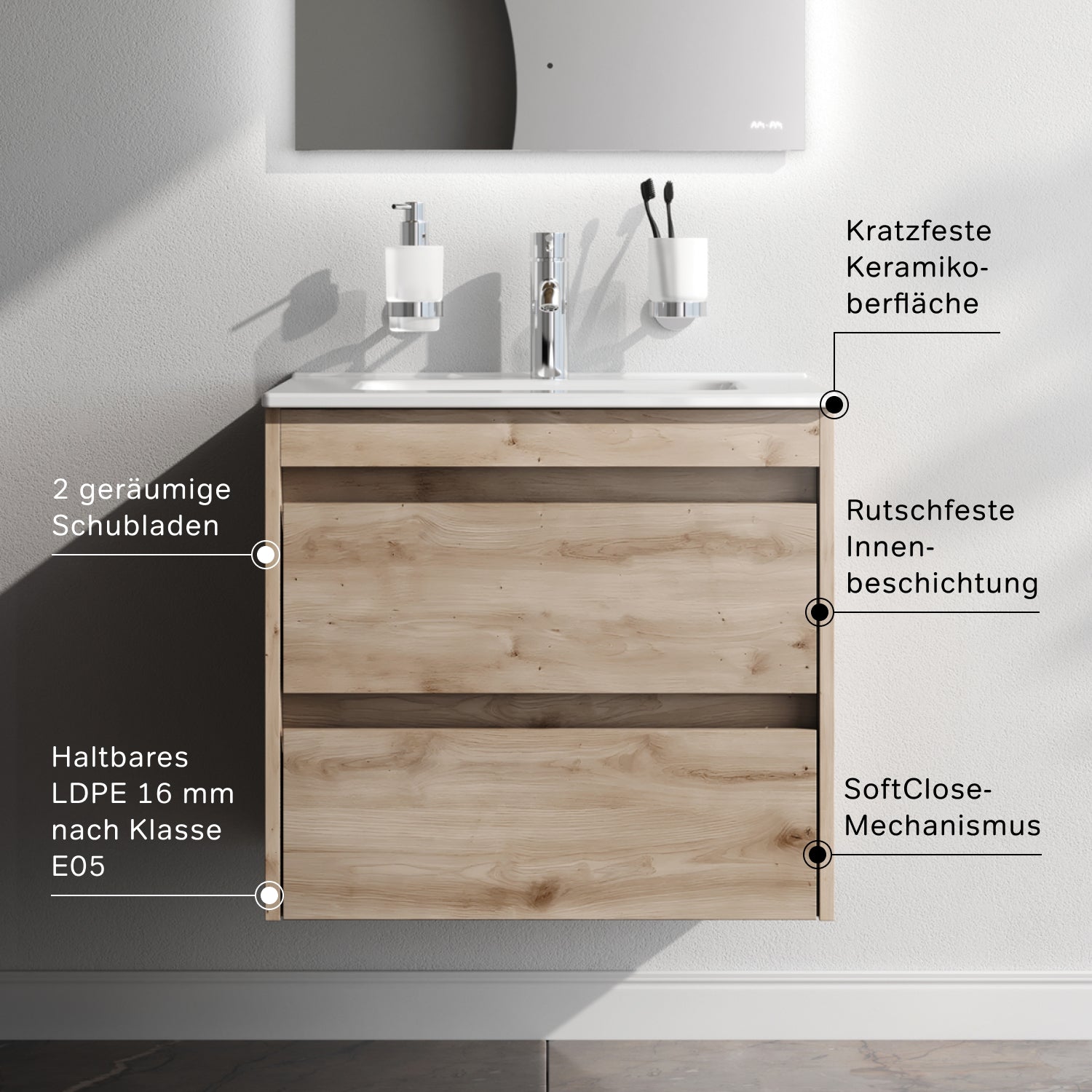MPAX0602HF-C0602WG Meuble sous-vasque avec vasque, livré en kit, 60 cm, 2 tiroirs, chêne