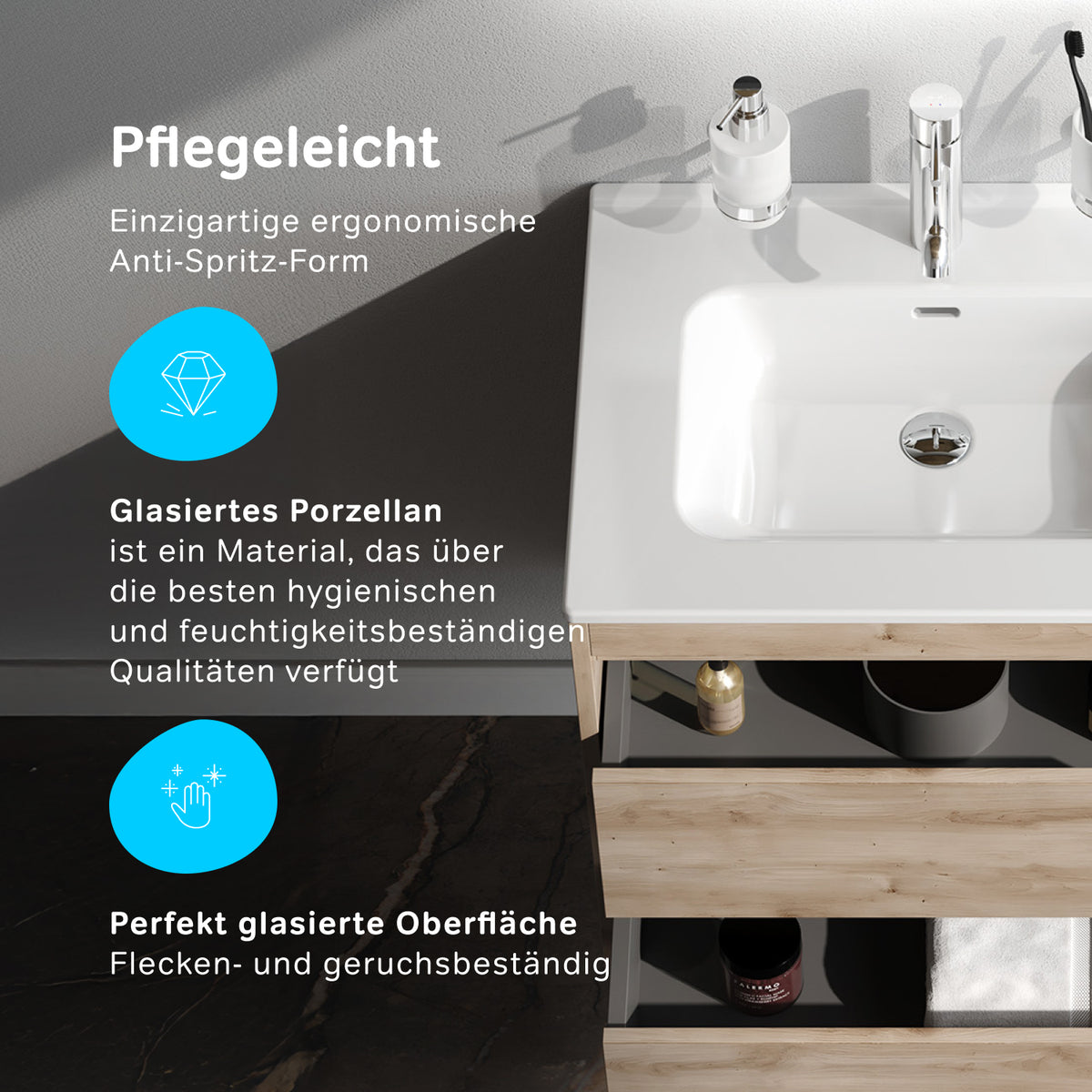 Meuble vasque avec lavabo, 60 cm, livré à plat, 2 tiroirs, chêne–MPAX0602HF-C0602WG