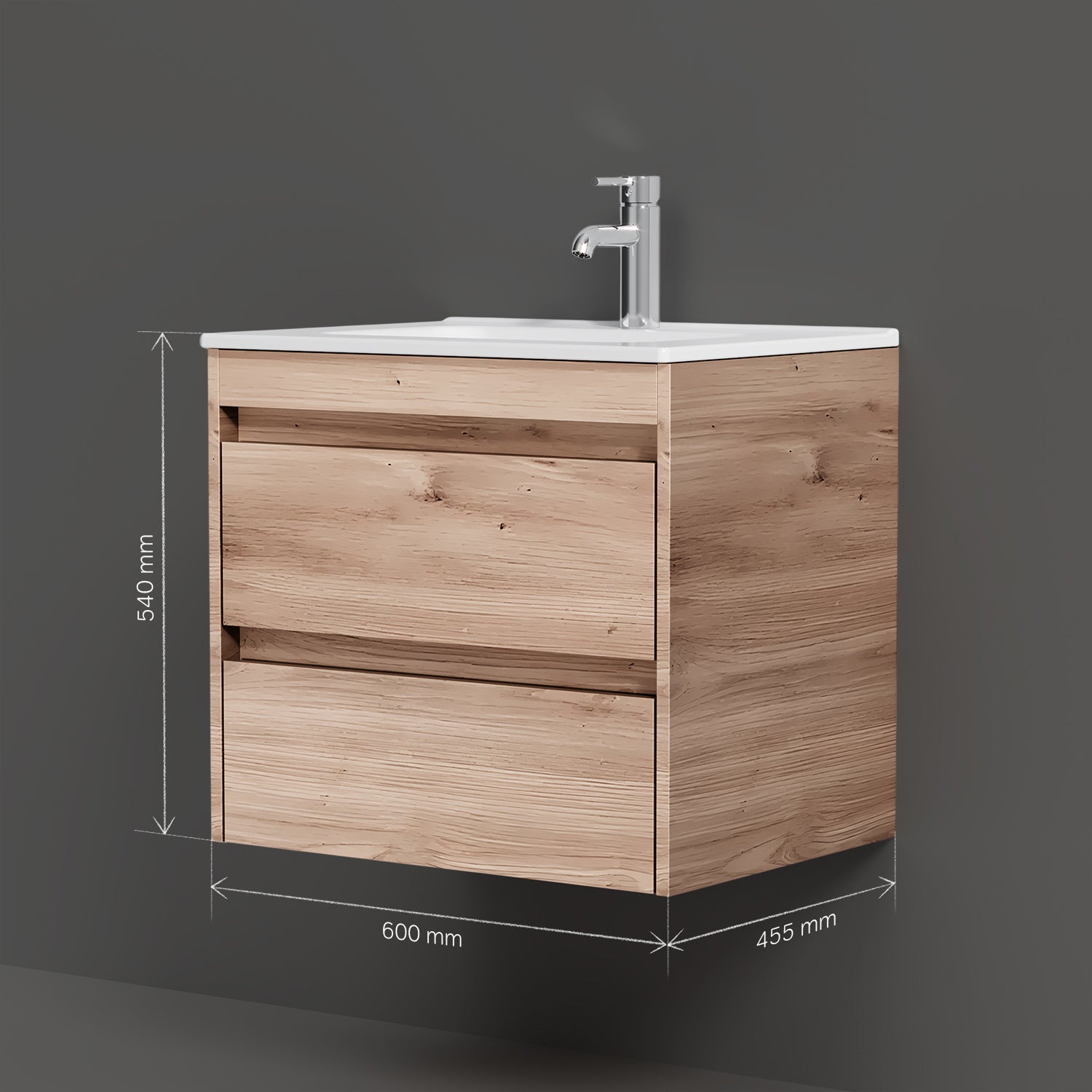 MPAX0602HF-C0602WG Meuble sous-vasque avec vasque, livré démonté, 60 cm, 2 tiroirs, chêne