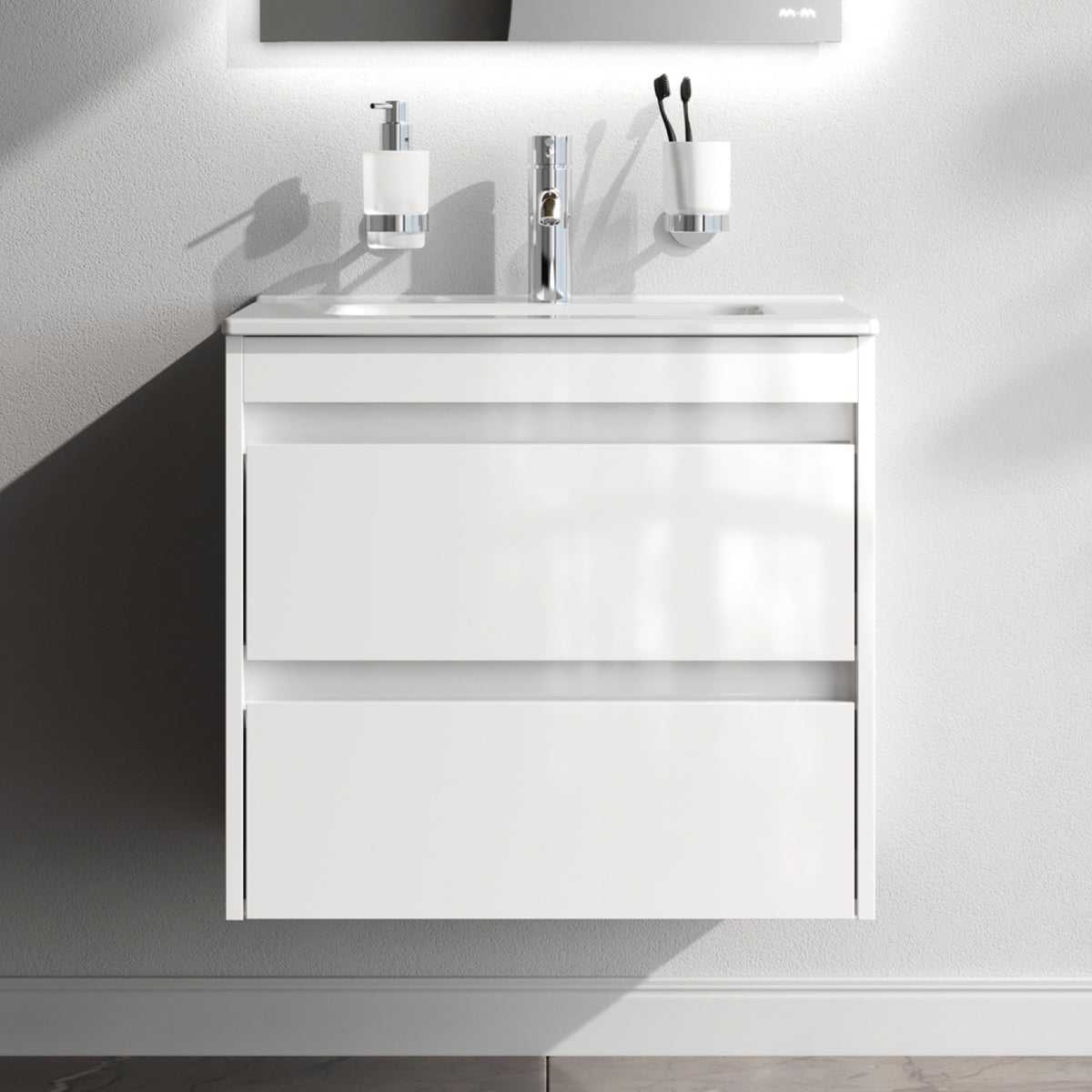 Meuble vasque avec lavabo, 60 cm, livré à plat, 2 tiroirs, blanc brillant–MPAX0602WG-C0602WG