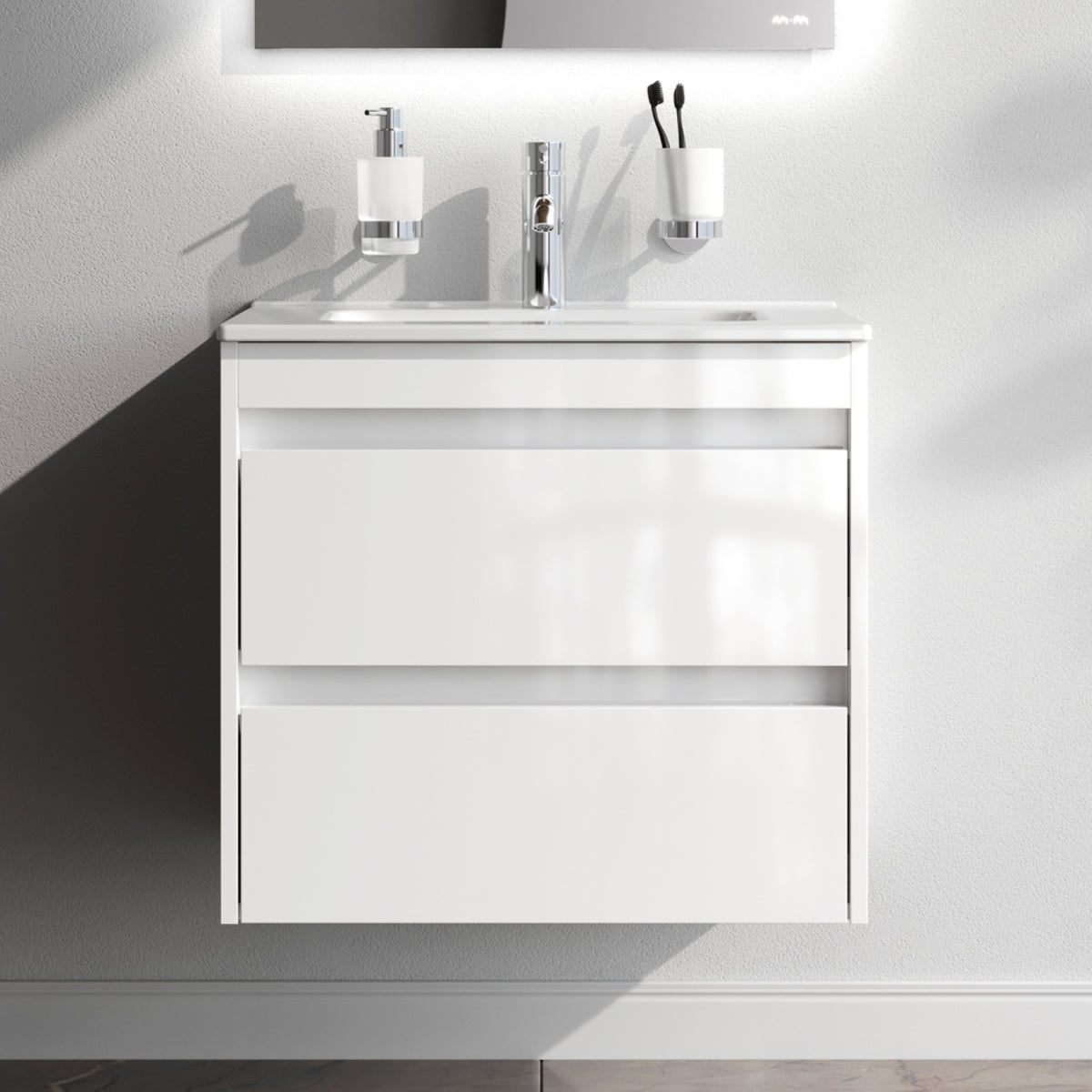 Waschtischunterschrank mit Waschbecken, 60 cm, als Flachpaket, 2 Schubladen, Weiß glänzend – MPAX0602WG-C0602WG