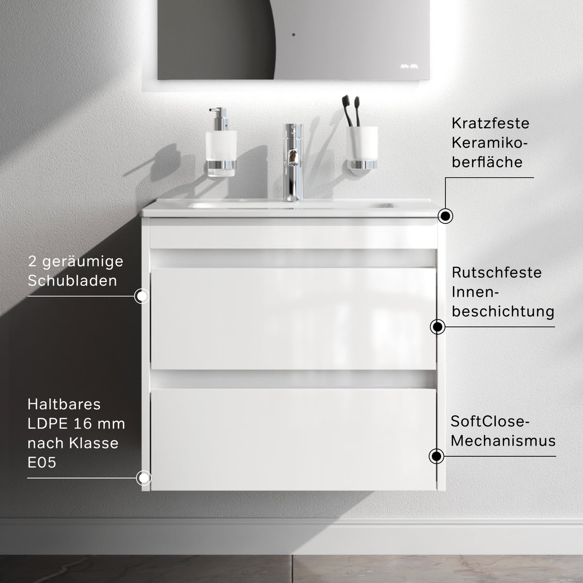 Meuble vasque avec lavabo, 60 cm, livré à plat, 2 tiroirs, blanc brillant–MPAX0602WG-C0602WG