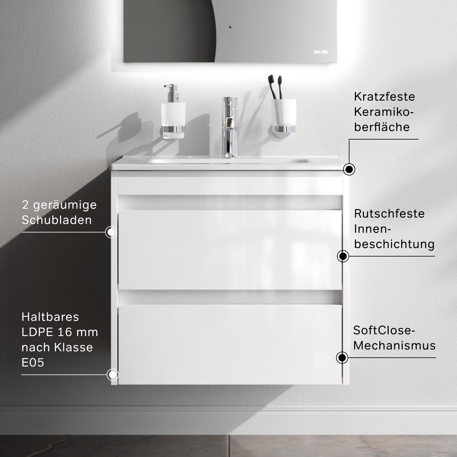 MPAX0602WG-C0602WG Meuble sous-vasque avec vasque, livré en kit, 60 cm, 2 tiroirs, blanc brillant