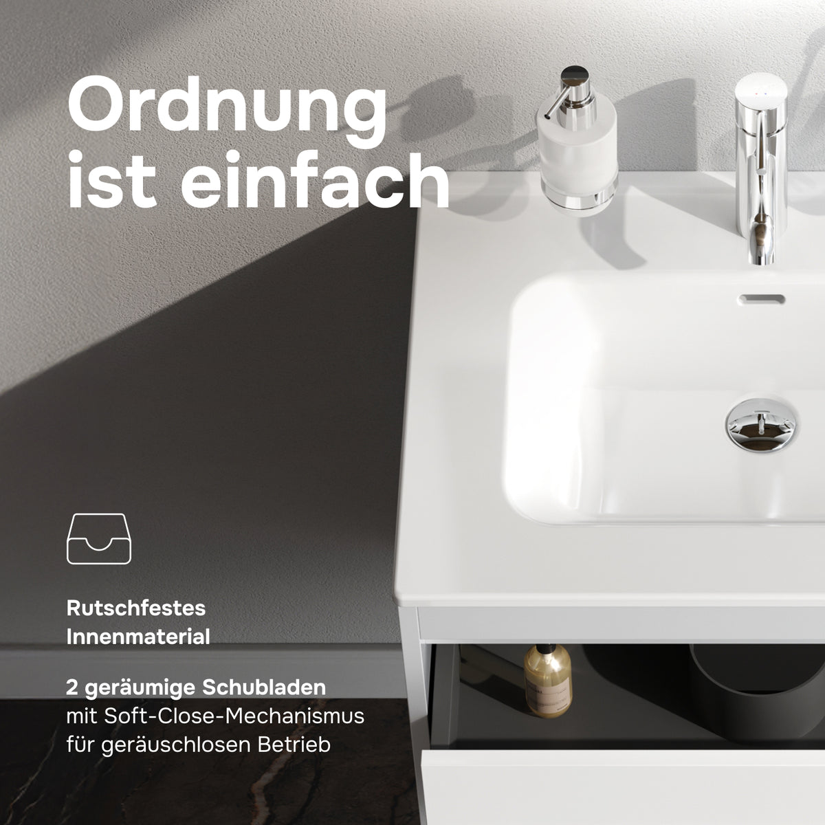 Waschtischunterschrank mit Waschbecken, 60 cm, als Flachpaket, 2 Schubladen, Weiß glänzend – MPAX0602WG-C0602WG