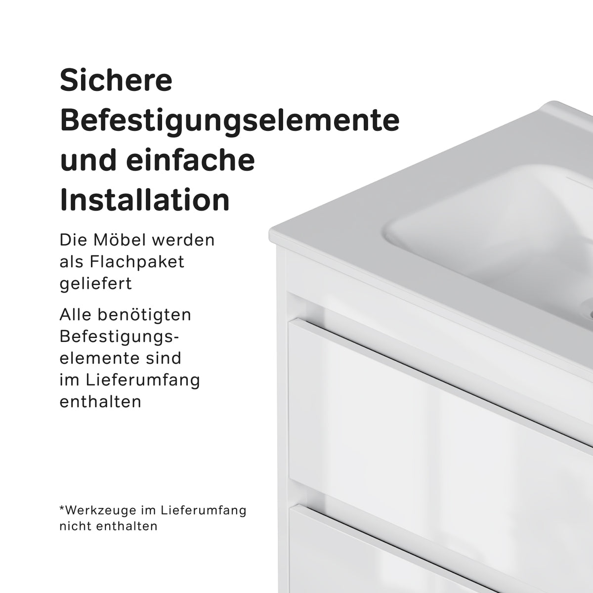 Meuble vasque avec lavabo, 60 cm, livré à plat, 2 tiroirs, blanc brillant–MPAX0602WG-C0602WG