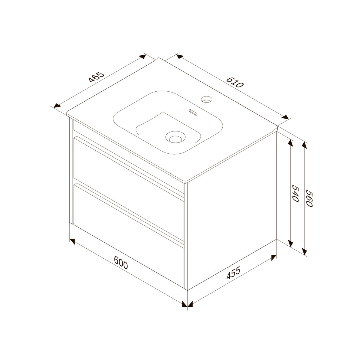 Meuble vasque avec lavabo, 60 cm, livré à plat, 2 tiroirs, blanc brillant–MPAX0602WG-C0602WG