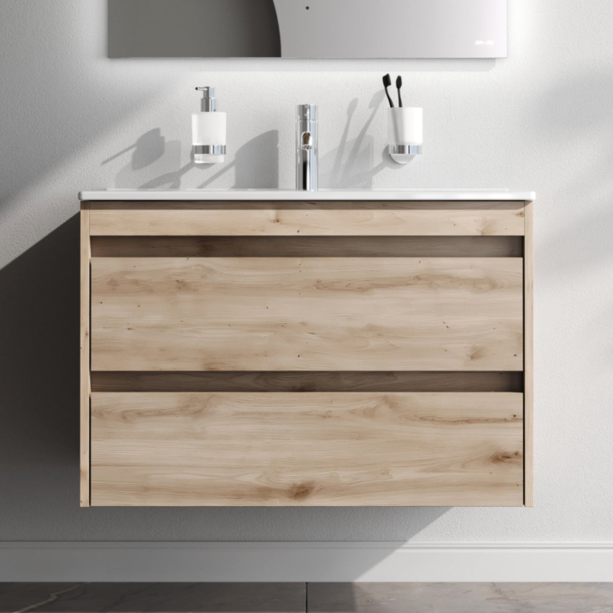 Waschtischunterschrank mit Waschbecken, 80 cm, als Flachpaket, 2 Schubladen, Eiche – MPAX0802HF-C0802WG