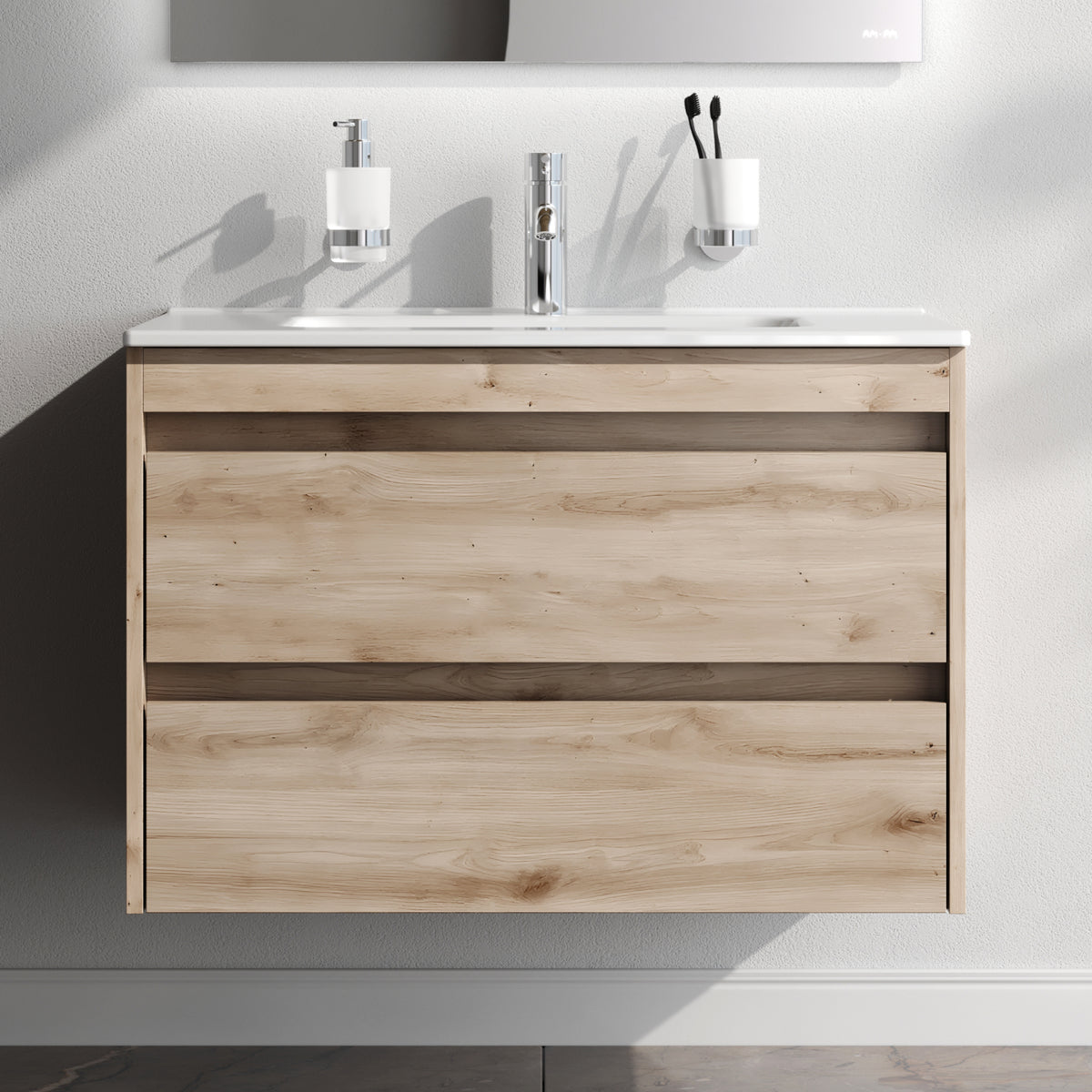 Waschtischunterschrank mit Waschbecken, 80 cm, als Flachpaket, 2 Schubladen, Eiche – MPAX0802HF-C0802WG