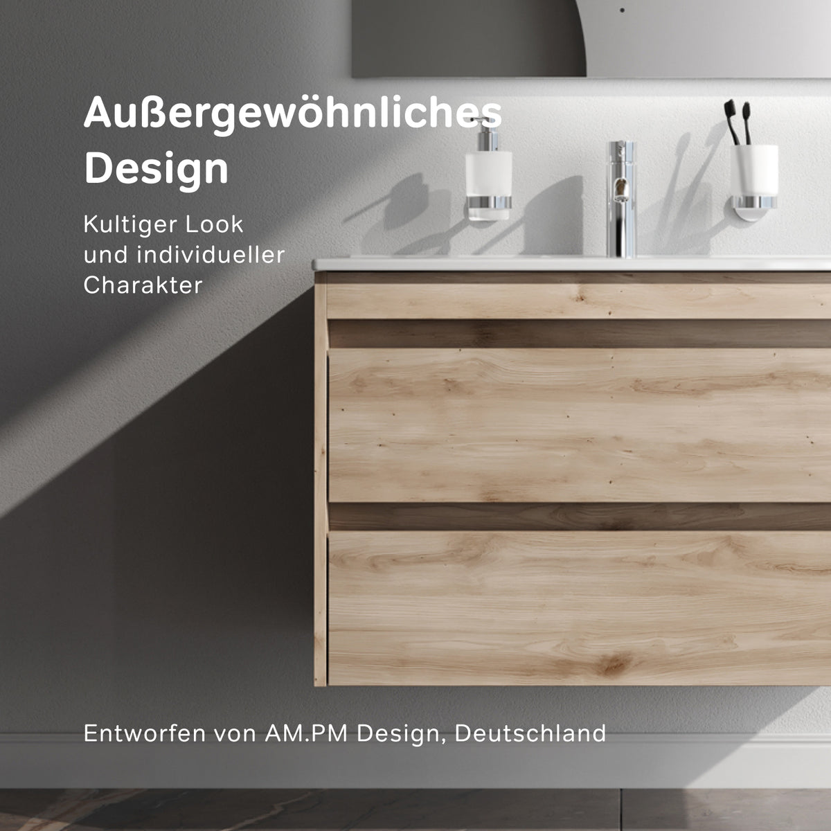 Waschtischunterschrank mit Waschbecken, 80 cm, als Flachpaket, 2 Schubladen, Eiche – MPAX0802HF-C0802WG