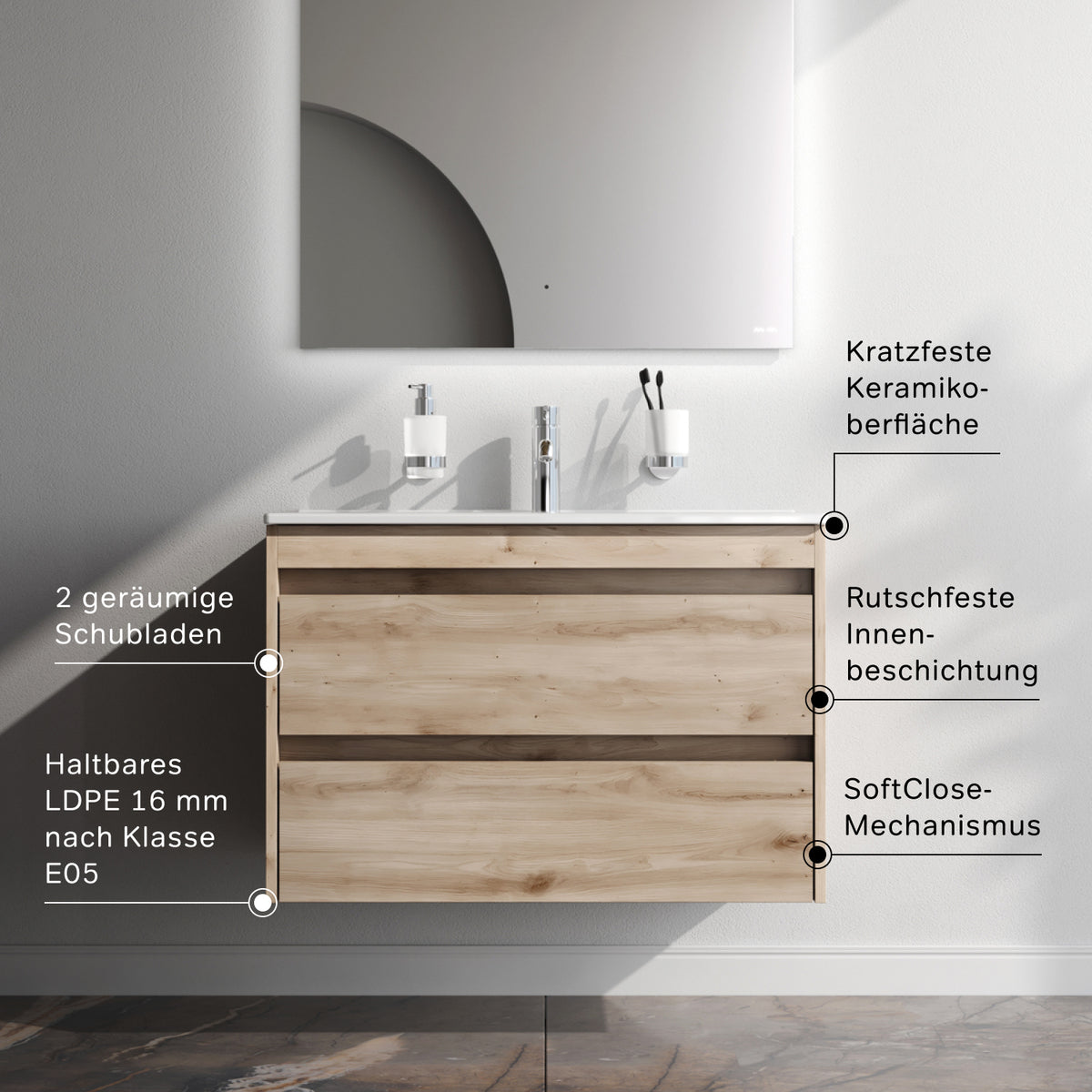 Waschtischunterschrank mit Waschbecken, 80 cm, als Flachpaket, 2 Schubladen, Eiche – MPAX0802HF-C0802WG