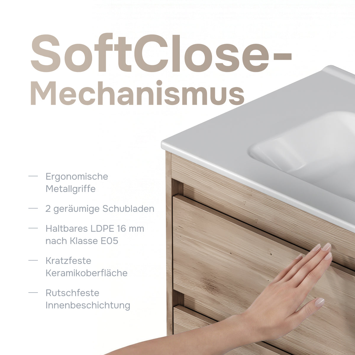 Waschtischunterschrank mit Waschbecken, 80 cm, als Flachpaket, 2 Schubladen, Eiche – MPAX0802HF-C0802WG