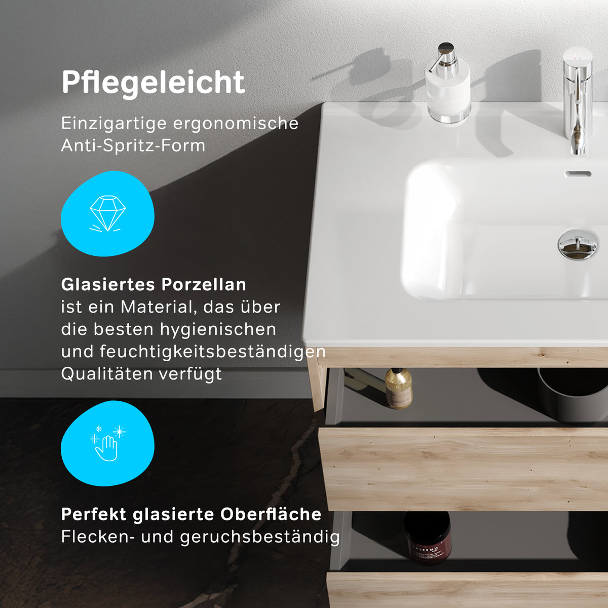 Waschtischunterschrank mit Waschbecken, 80 cm, als Flachpaket, 2 Schubladen, Eiche – MPAX0802HF-C0802WG