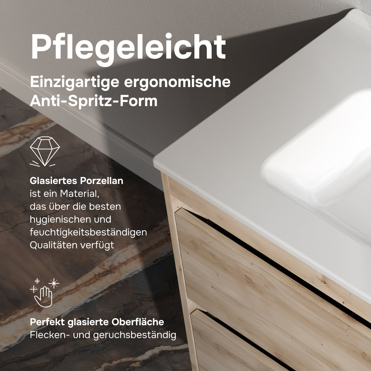 Waschtischunterschrank mit Waschbecken, 80 cm, als Flachpaket, 2 Schubladen, Eiche – MPAX0802HF-C0802WG