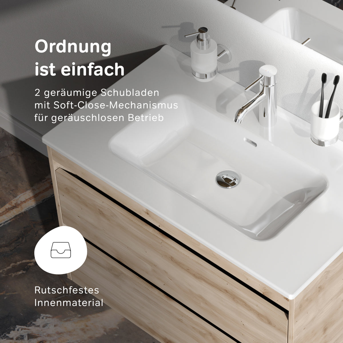 Waschtischunterschrank mit Waschbecken, 80 cm, als Flachpaket, 2 Schubladen, Eiche – MPAX0802HF-C0802WG