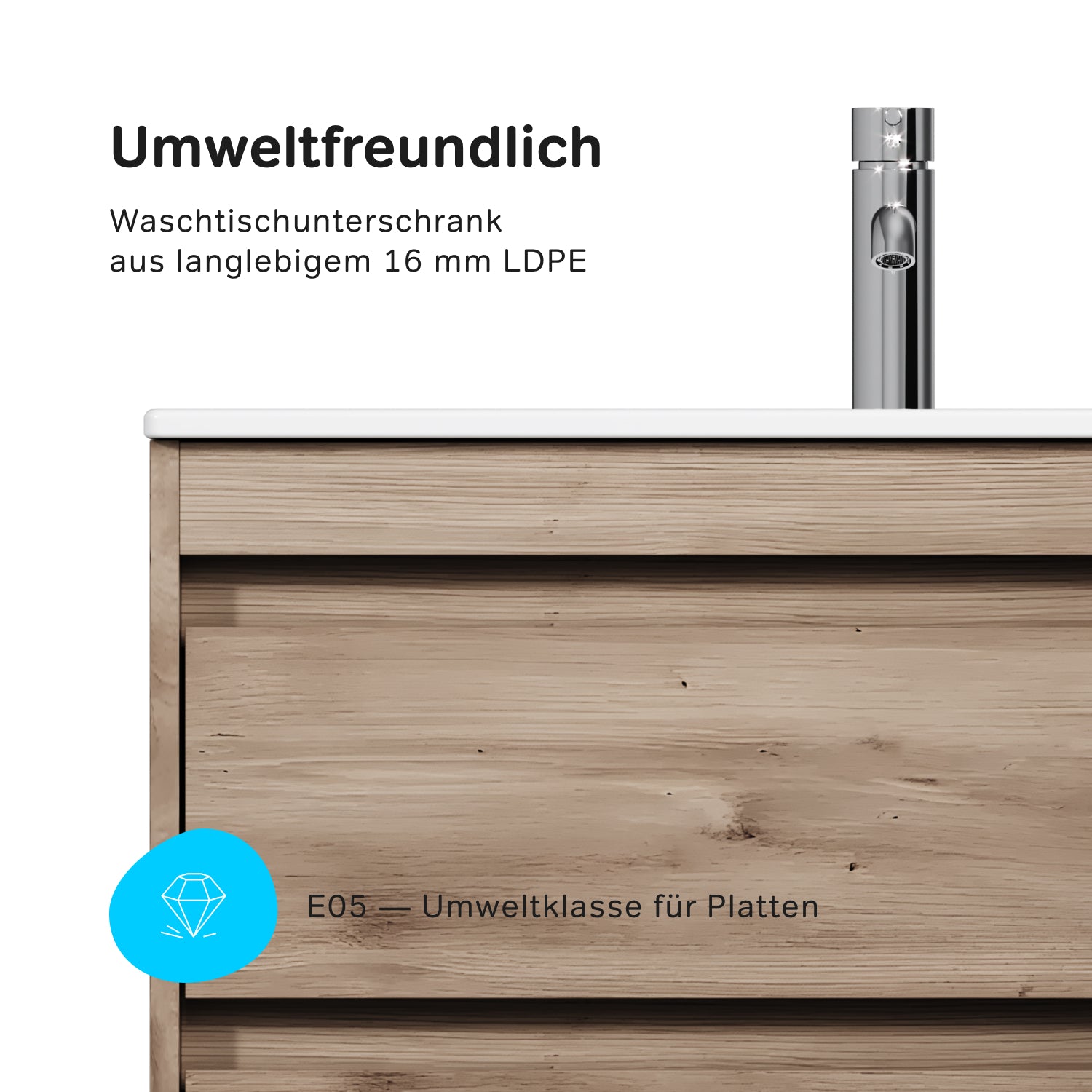 MPAX0802HF-C0802WG Waschtischunterschrank mit Becken, als Flachpaket geliefert, 80 cm, 2 Schubladen, Eiche