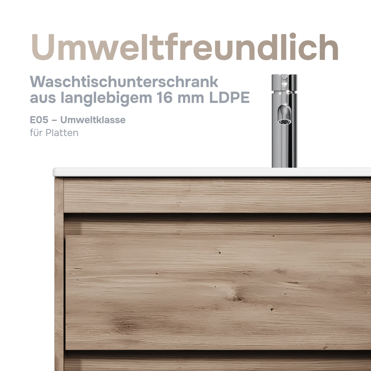 Waschtischunterschrank mit Waschbecken, 80 cm, als Flachpaket, 2 Schubladen, Eiche – MPAX0802HF-C0802WG