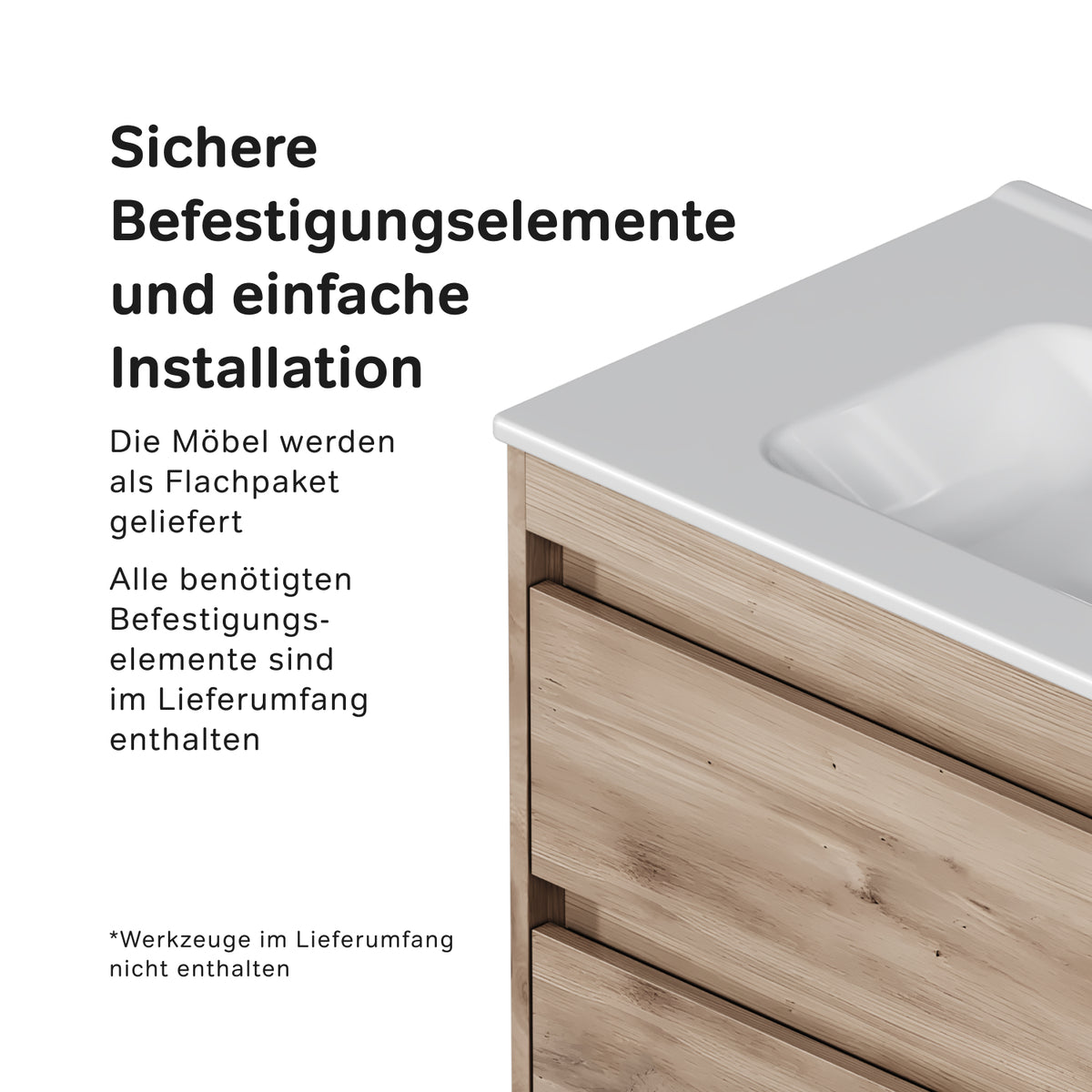 Waschtischunterschrank mit Waschbecken, 80 cm, als Flachpaket, 2 Schubladen, Eiche – MPAX0802HF-C0802WG