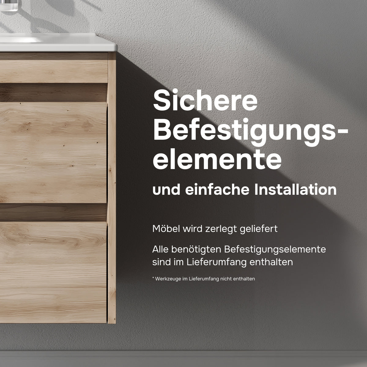Waschtischunterschrank mit Waschbecken, 80 cm, als Flachpaket, 2 Schubladen, Eiche – MPAX0802HF-C0802WG