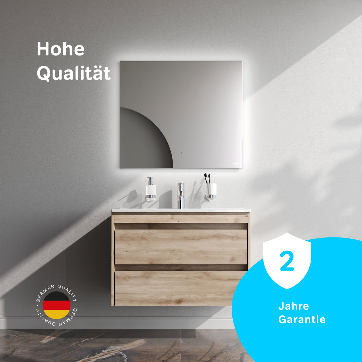 Waschtischunterschrank mit Waschbecken, 80 cm, als Flachpaket, 2 Schubladen, Eiche – MPAX0802HF-C0802WG