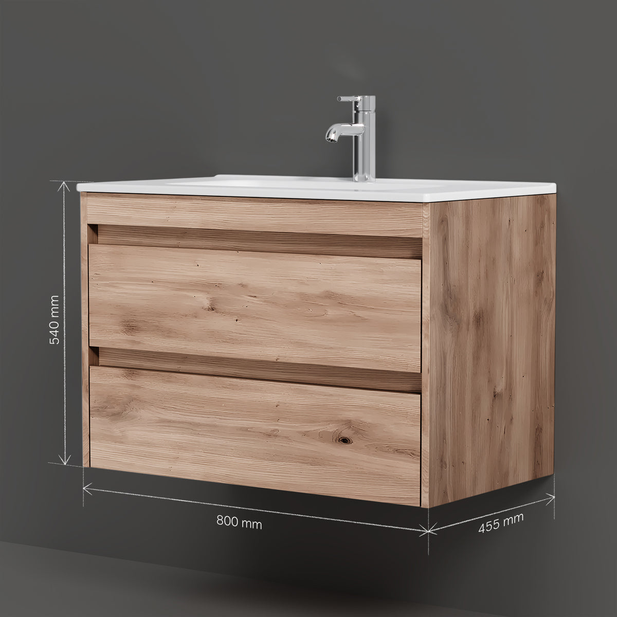 Waschtischunterschrank mit Waschbecken, 80 cm, als Flachpaket, 2 Schubladen, Eiche – MPAX0802HF-C0802WG