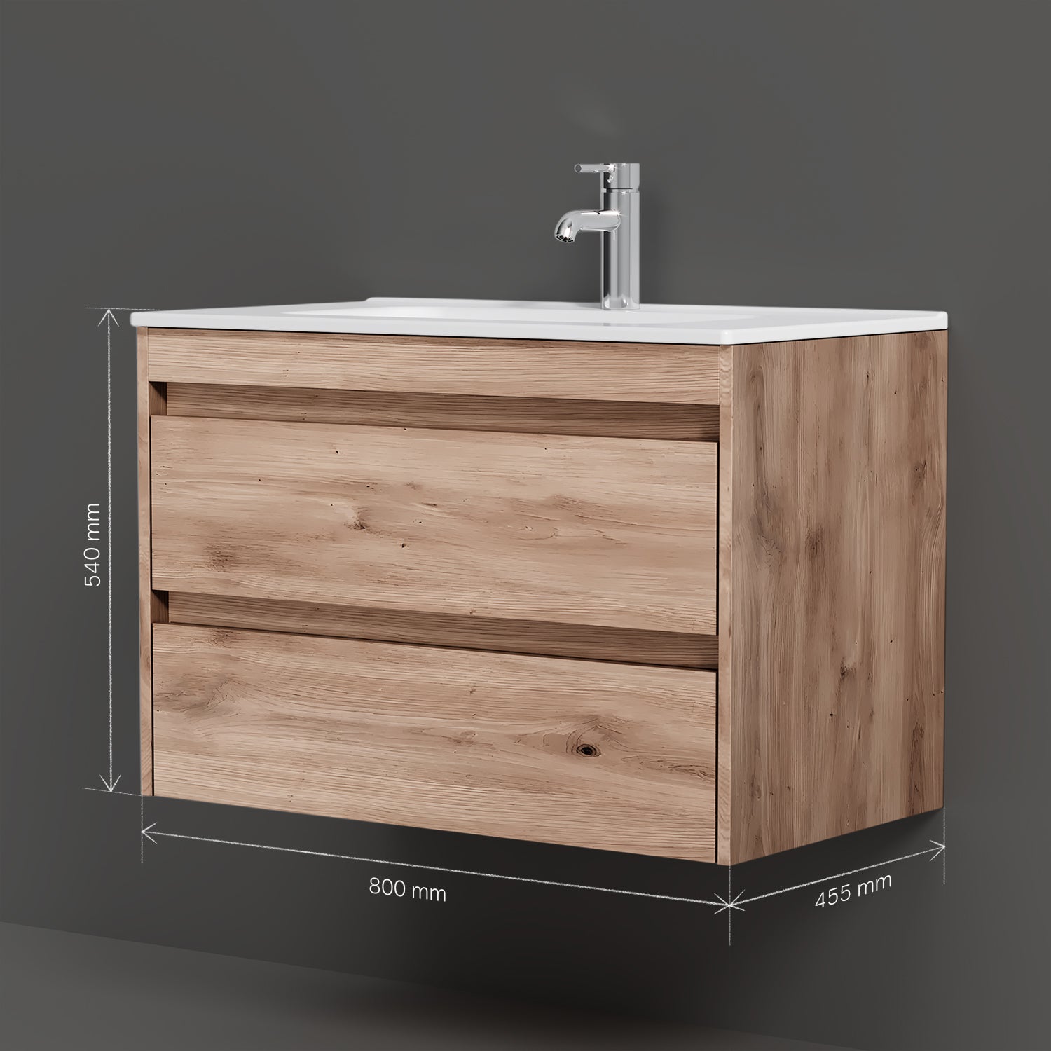 MPAX0802HF-C0802WG Meuble sous-vasque avec vasque, livré démonté, 80 cm, 2 tiroirs, chêne