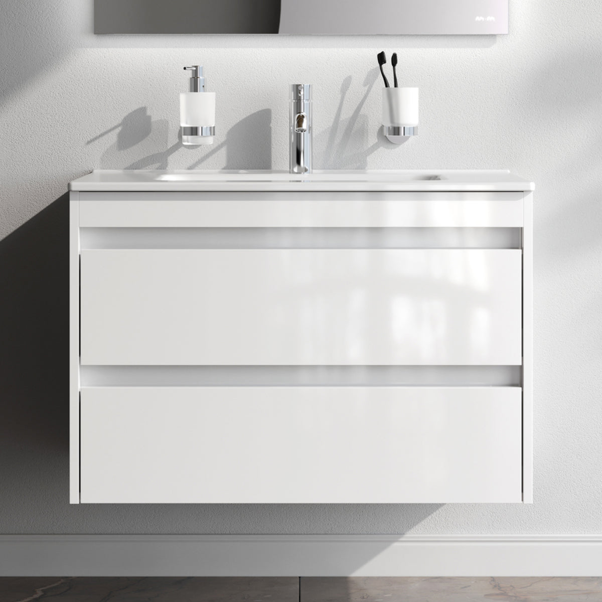 Waschtischunterschrank mit Waschbecken, 80 cm, als Flachpaket, 2 Schubladen, Weiß glänzend – MPAX0802WG-C0802WG