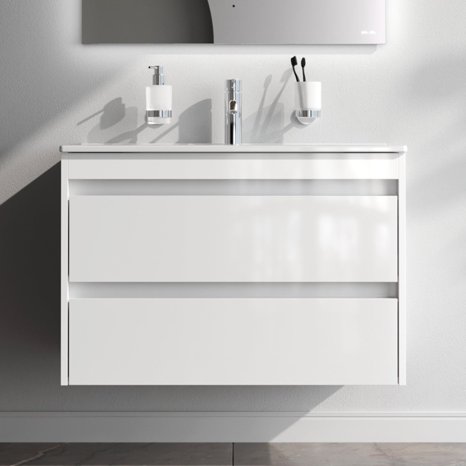 MPAX0802WG-C0802WG Waschtischunterschrank mit Becken, als Flachpaket geliefert, 80 cm, 2 Schubladen, Weiß glänzend