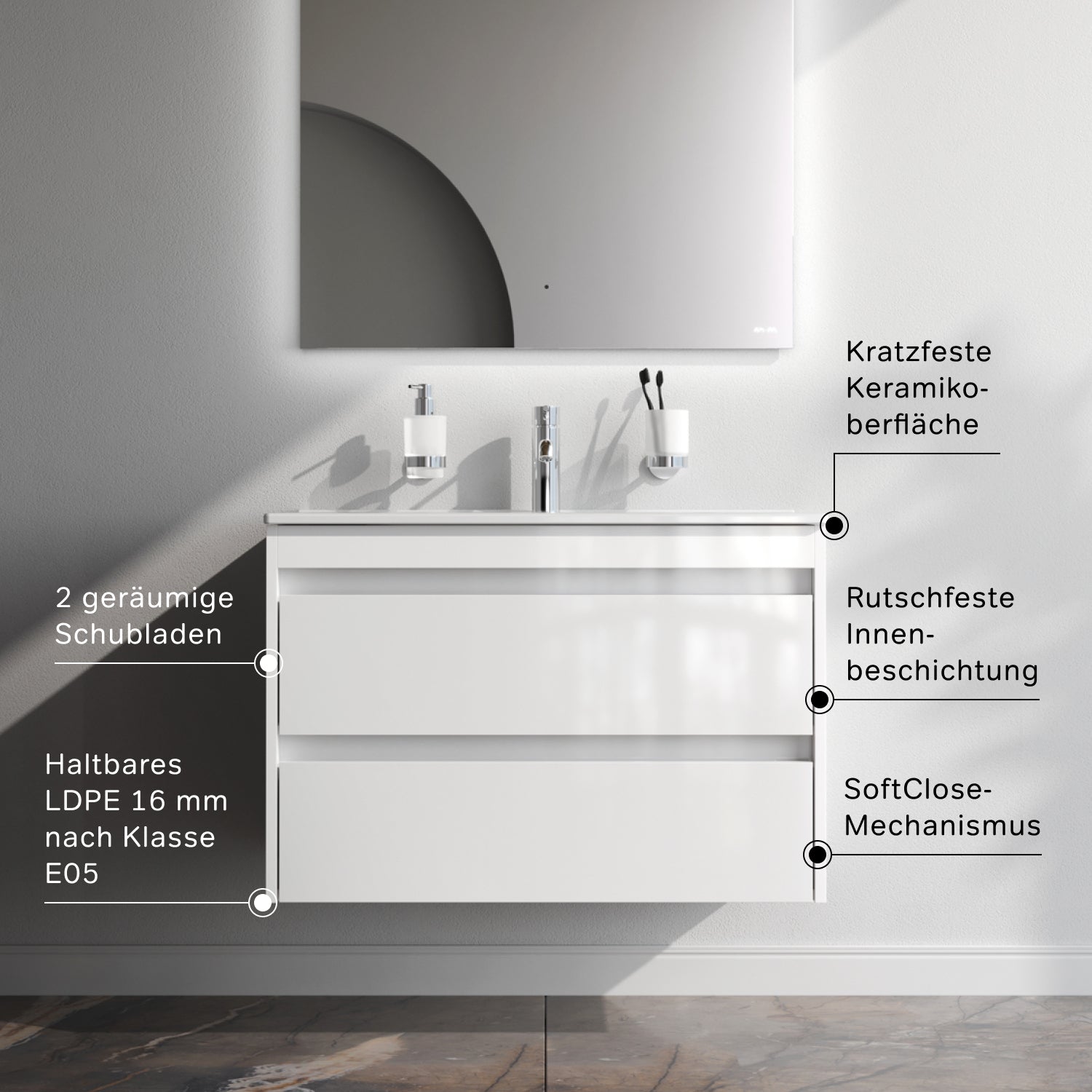 MPAX0802WG-C0802WG Waschtischunterschrank mit Becken, als Flachpaket geliefert, 80 cm, 2 Schubladen, Weiß glänzend