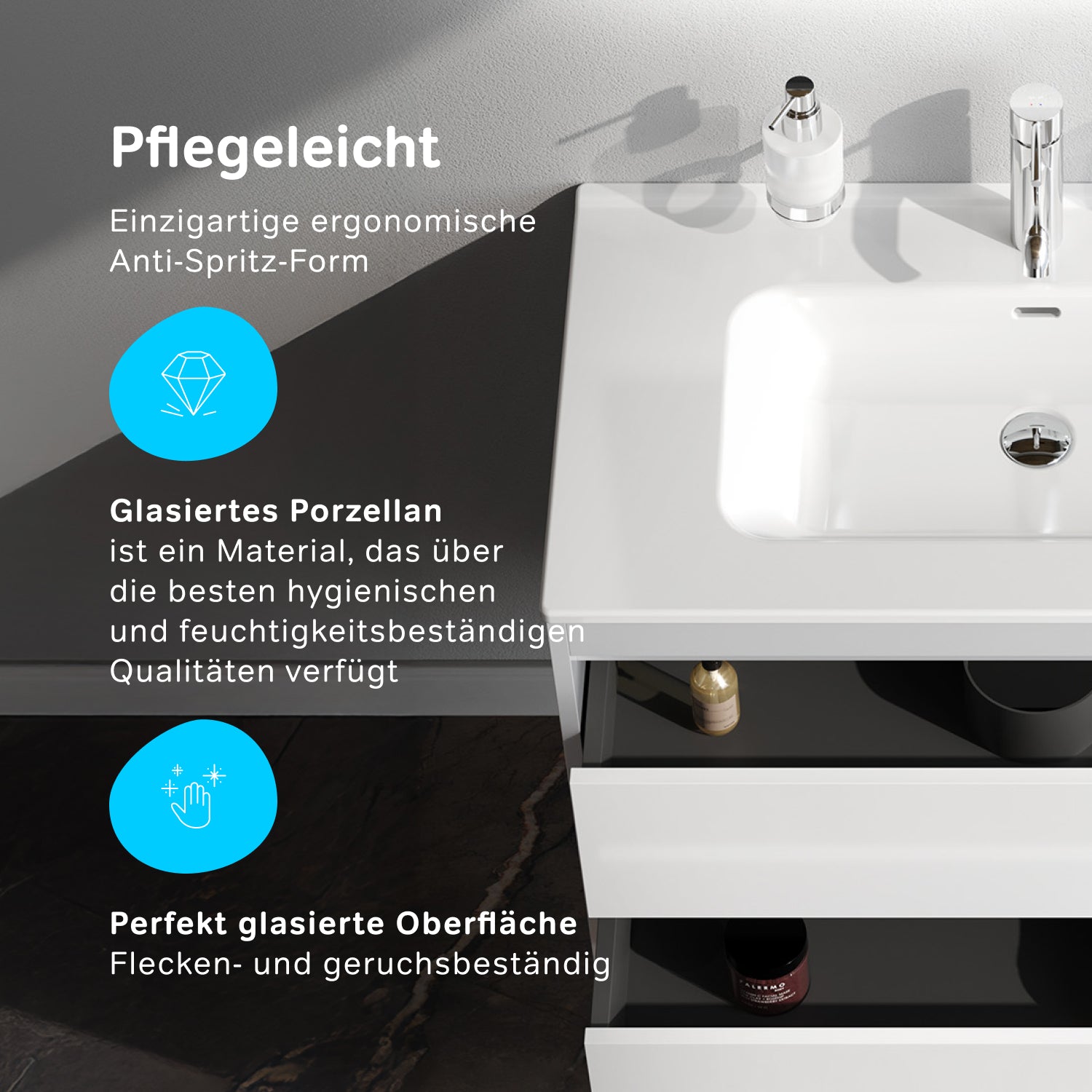 MPAX0802WG-C0802WG Waschtischunterschrank mit Becken, als Flachpaket geliefert, 80 cm, 2 Schubladen, Weiß glänzend