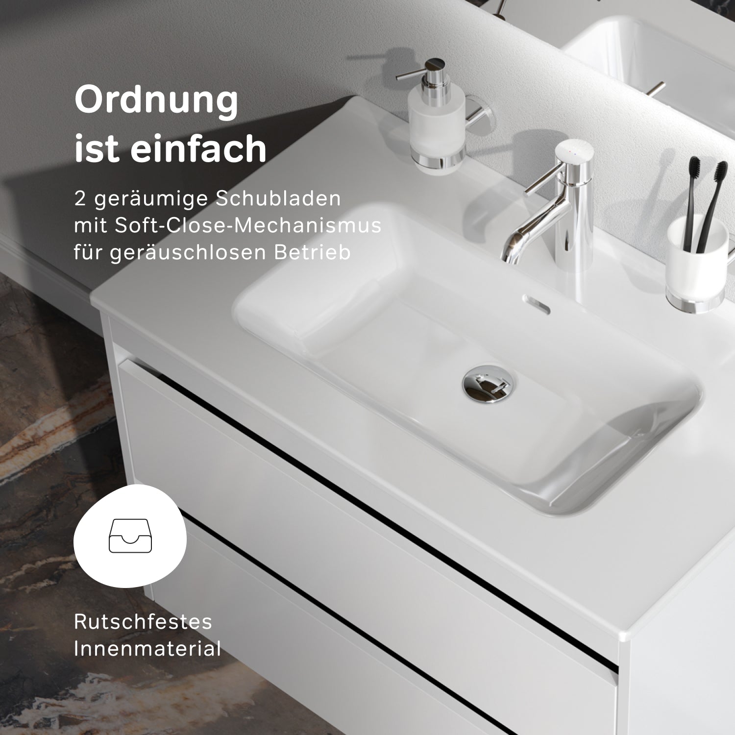 MPAX0802WG-C0802WG Waschtischunterschrank mit Becken, als Flachpaket geliefert, 80 cm, 2 Schubladen, Weiß glänzend