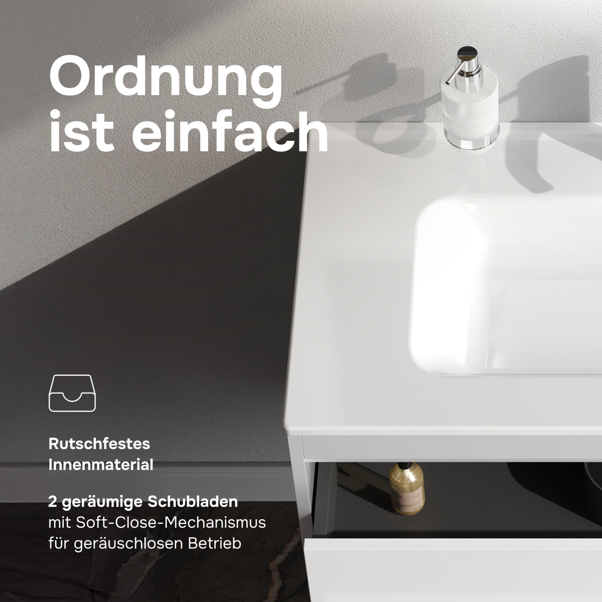 Waschtischunterschrank mit Waschbecken, 80 cm, als Flachpaket, 2 Schubladen, Weiß glänzend – MPAX0802WG-C0802WG