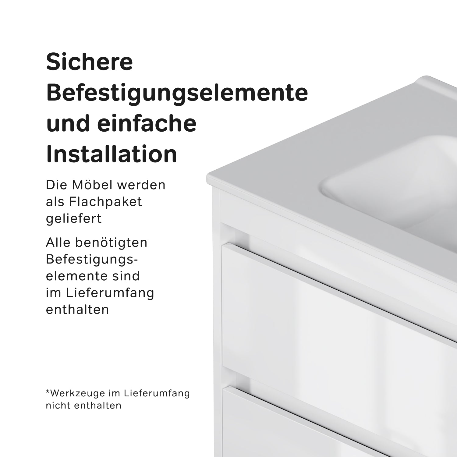 MPAX0802WG-C0802WG Waschtischunterschrank mit Becken, als Flachpaket geliefert, 80 cm, 2 Schubladen, Weiß glänzend